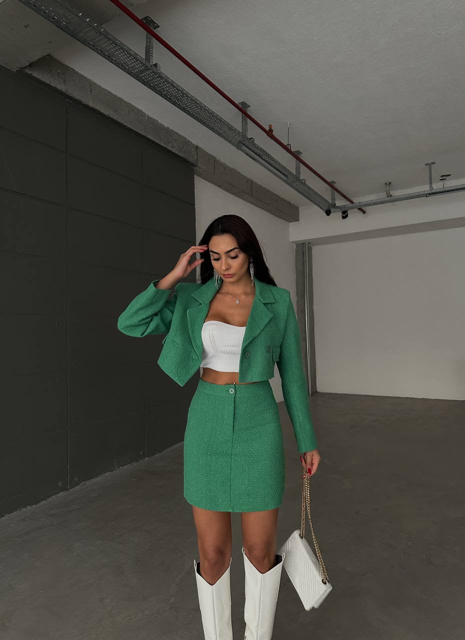 Green Textured Mini Skirt
