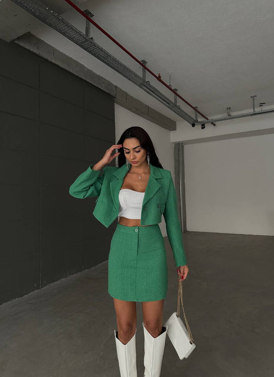 Kelly Two Piece Green Set Textured Cropped Blazer & Mini Skirt