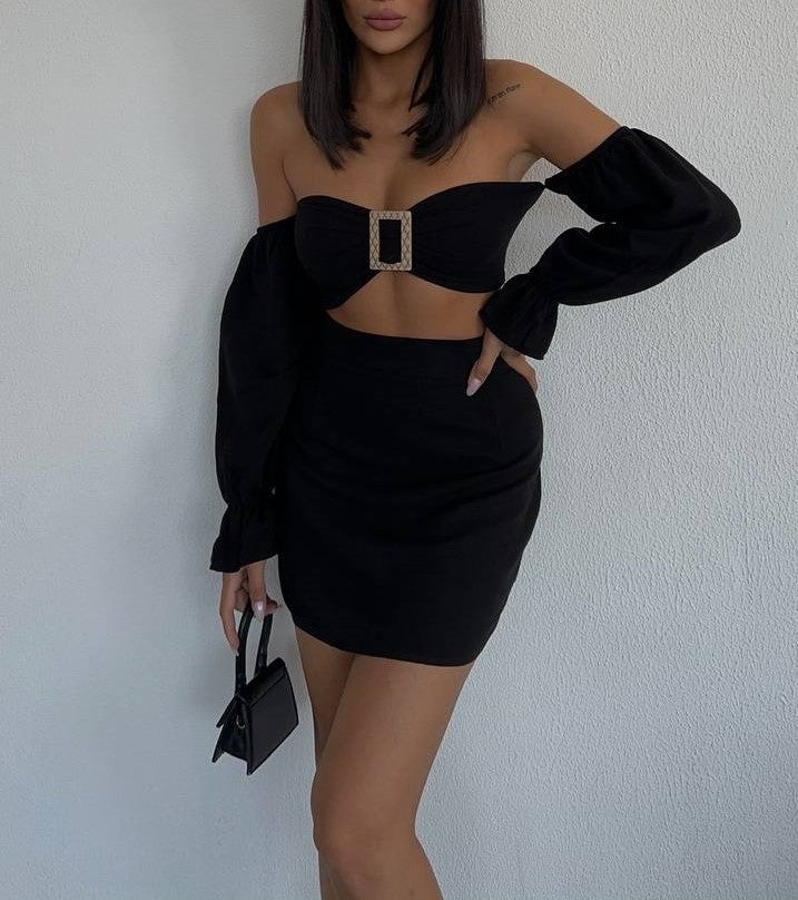 Tina Two Piece Black Mini Skirt & Top With Long Sleeves