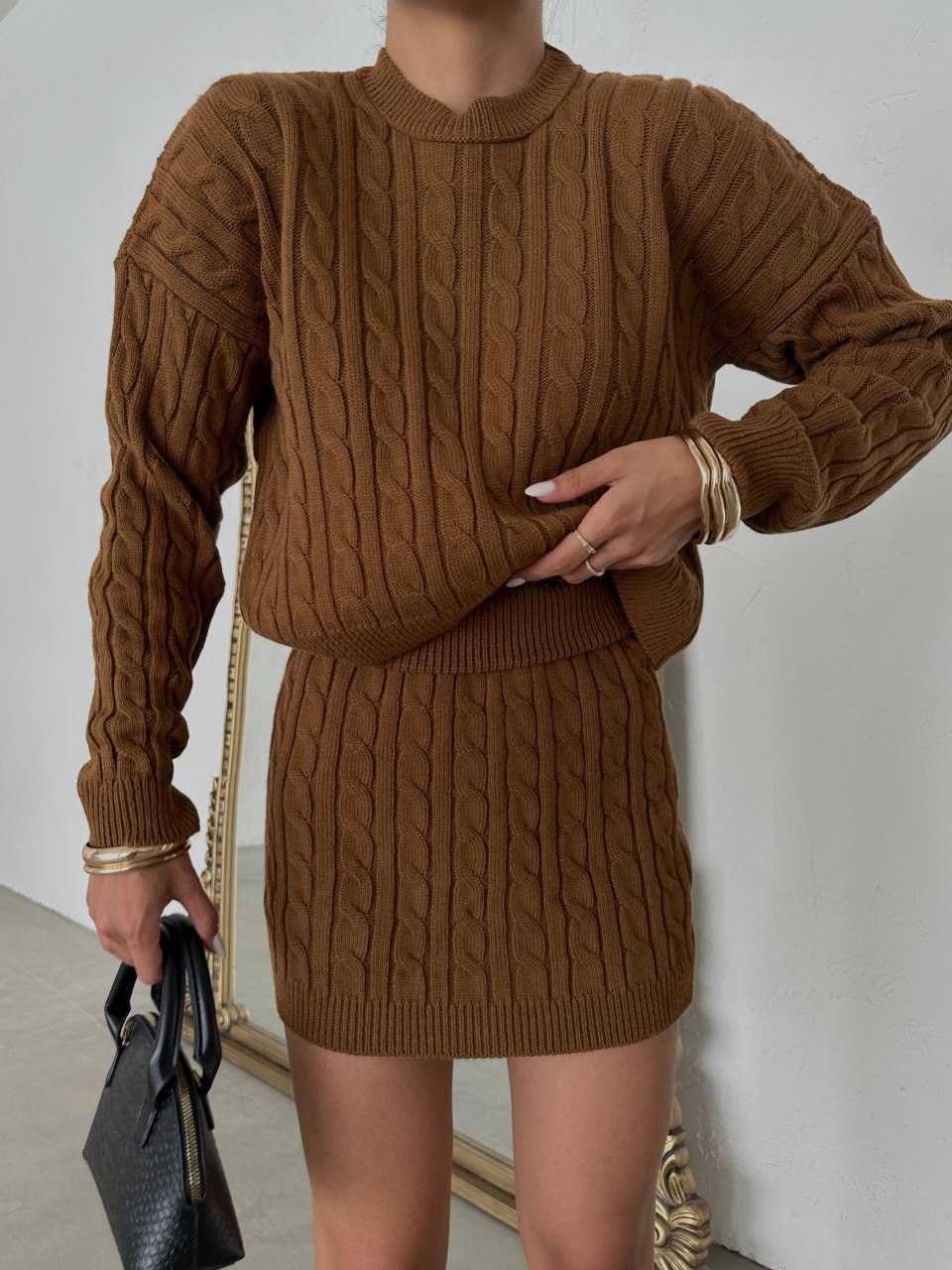 Zanel Two Piece Brown Set - Knitted Sweater & Mini Skirt