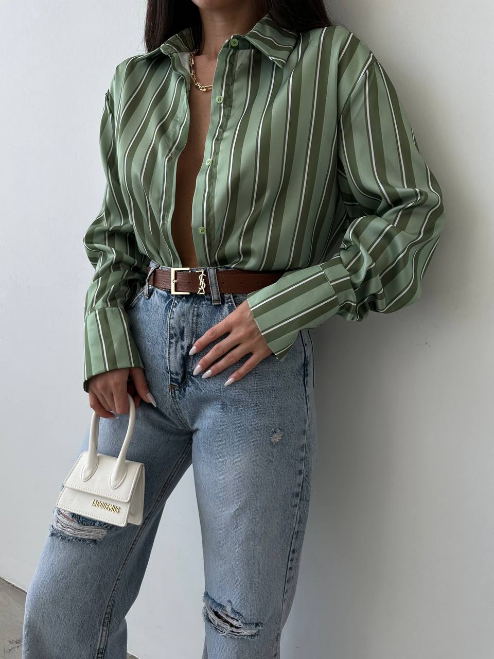 Loose Satin Shirt with Stripes