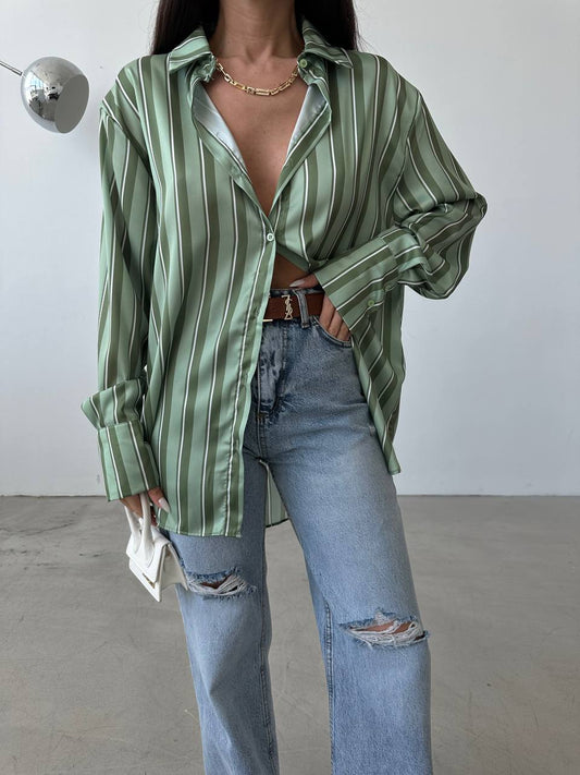 Loose Satin Shirt with Stripes