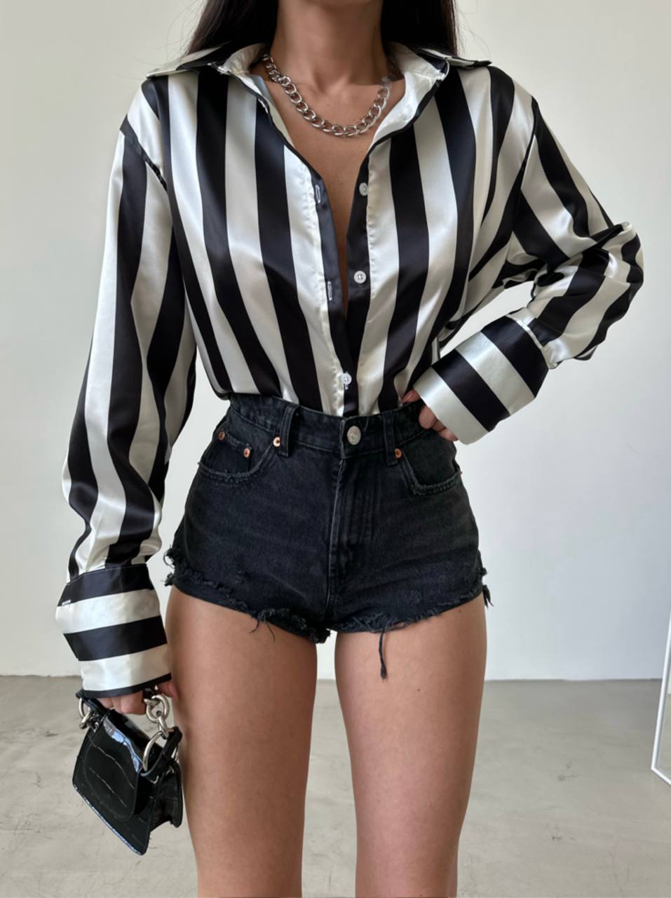 Black & White Loose Satin Shirt with Stripes