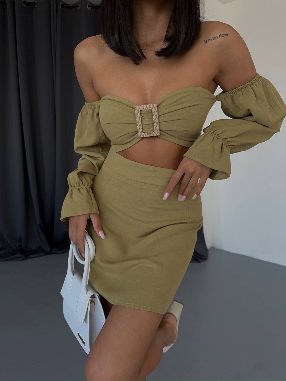 Tina Two Piece Khaki Mini Skirt & Top With Long Sleeves