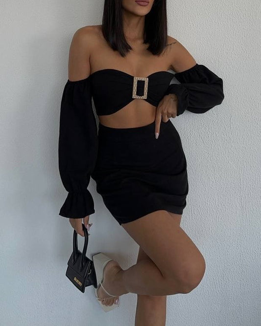 Tina Two Piece Black Mini Skirt & Top With Long Sleeves
