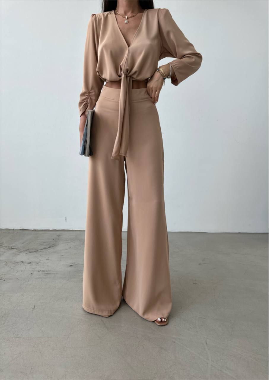 Two Piece Camel Long Sleeve & Wide Pants