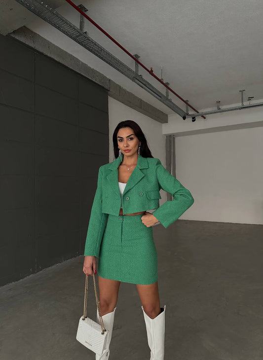 Two Piece Set Green Textured Cropped Blazer & Mini Skirt